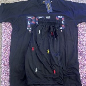 Polo by Ralph Lauren Black Tee and Embroidered Polo Shorts Set